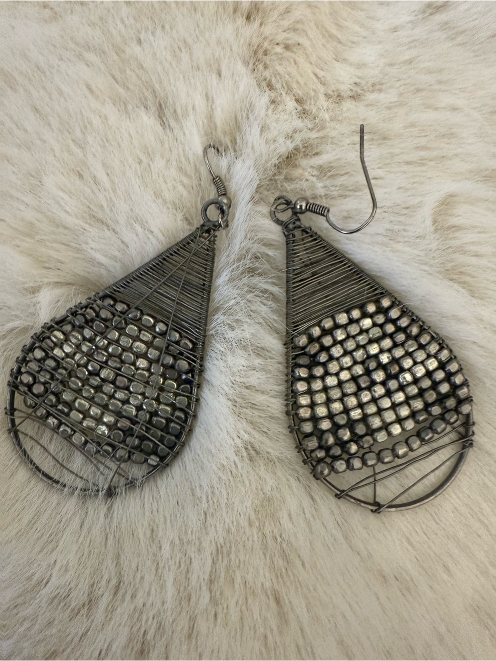 Handcrafted Gunmetal Teardrop Wire & Bead Earrings